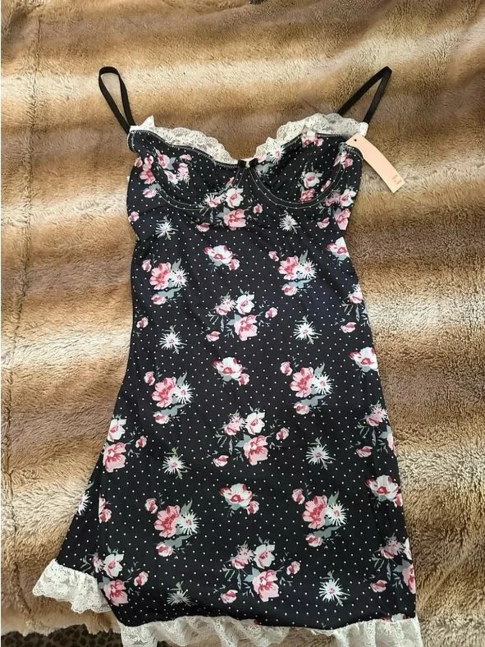 Black Floral Lace-Trim Maxi Slip Dress with Pink Roses